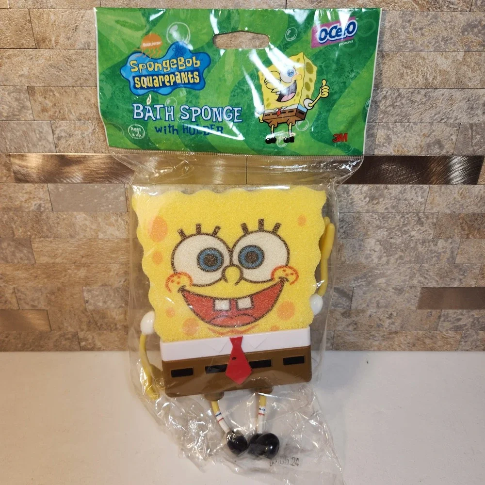 Vtg 2002 SpongeBob SquarePants Bath Sponge with Suction Cup Holder O-Cel-O 3M
